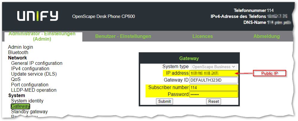 OpenScape Desk Phone CP600 Subscriber number password