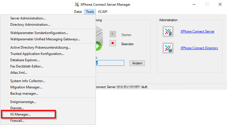 IIS Manager über XPhone Connect Servermanager öffnen