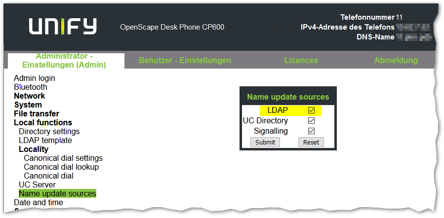 OpenScape CP 600 LDAP Name update source