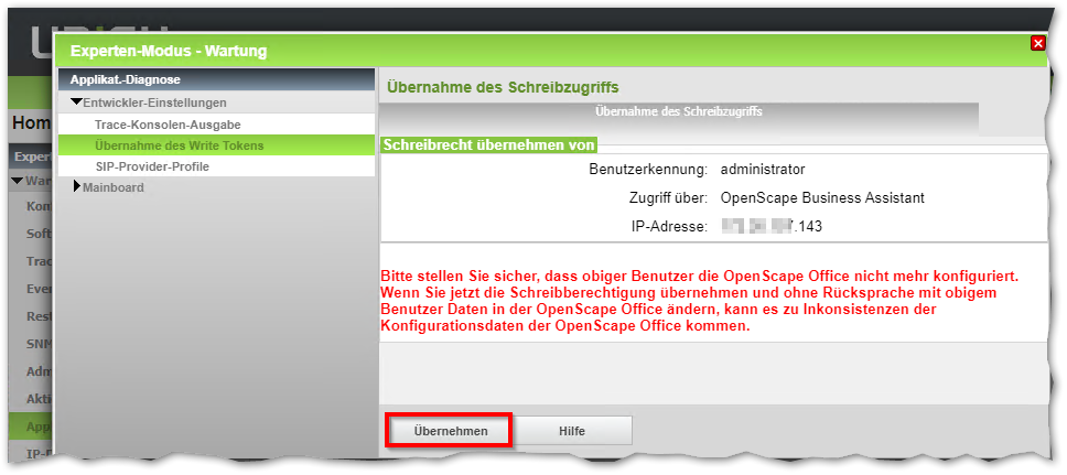 OpenScape Business Übernahme des Schreibzugriffs